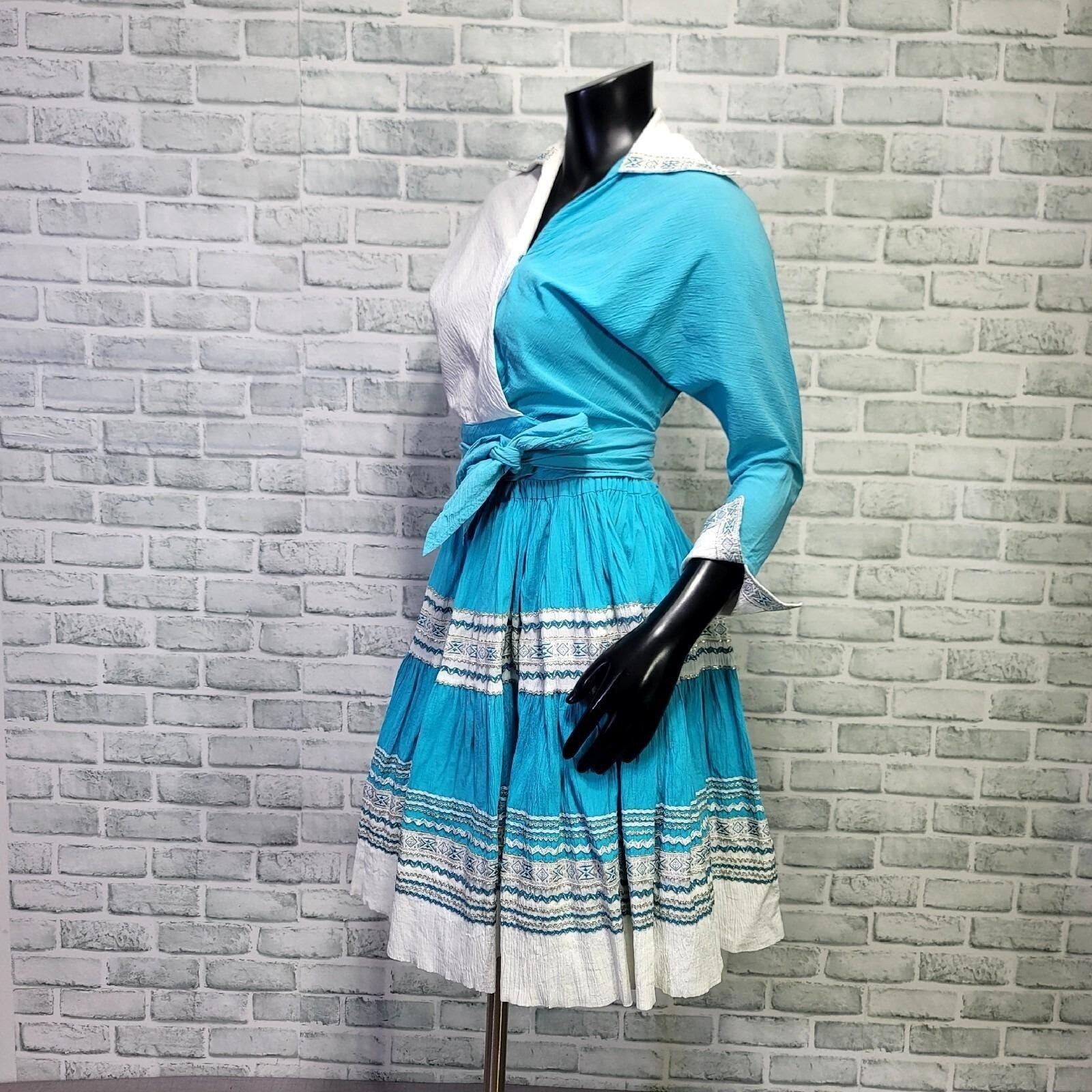 Vintage 70s Blue White Crinkle Cotton Skirt Wrap Top Set Boho Folk Square Dance