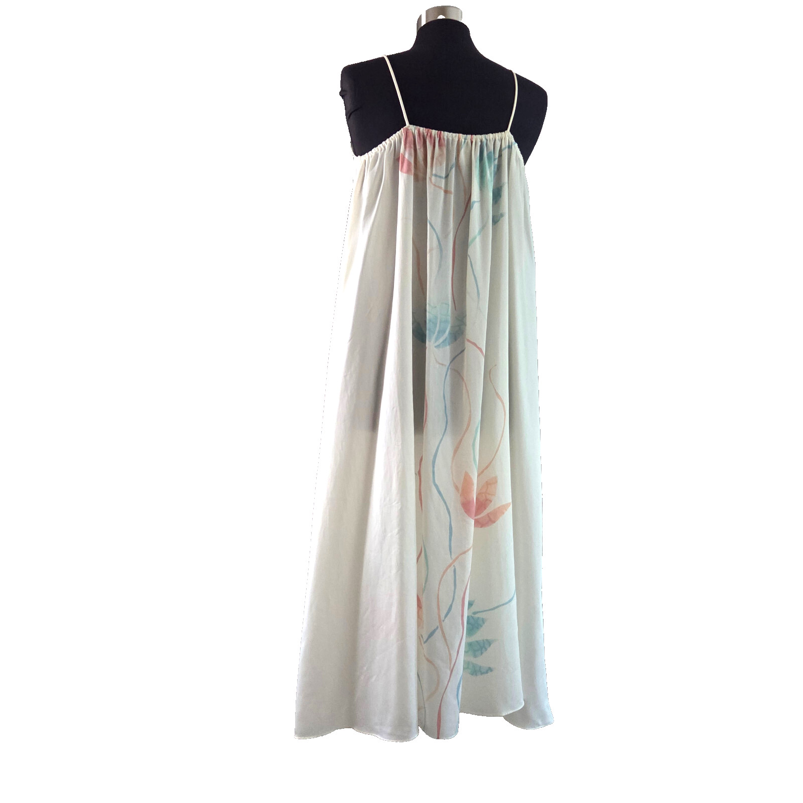 Vintage Mary McFadden S Dress Pastel Floral Lotus Pink Blue on Cream Bow Strap