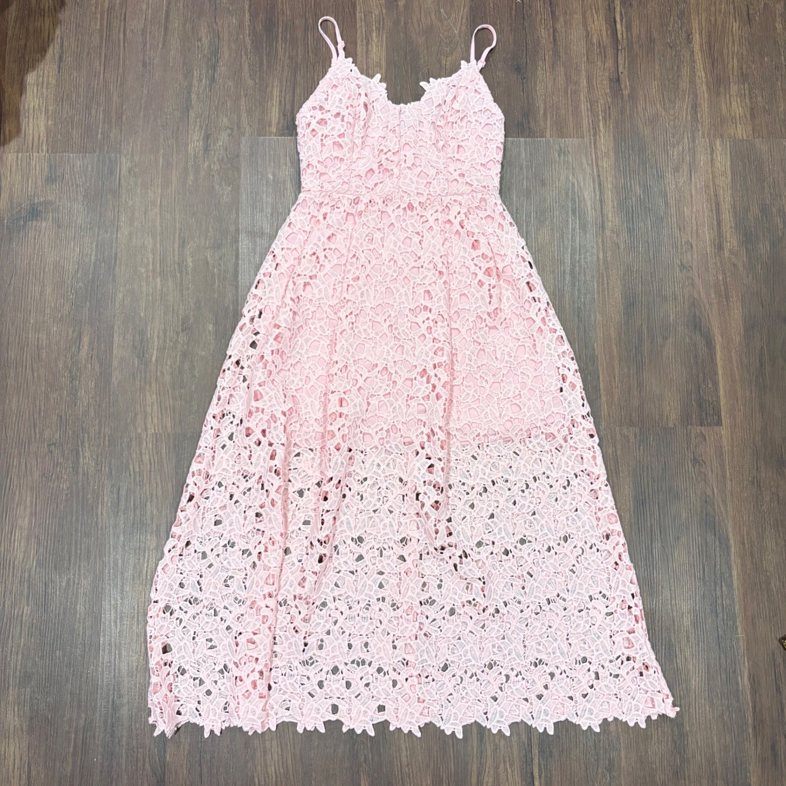 Autumn Wedding Guest Dress Lace Midi Fit Flare Cami Blush Pink ASTR the Label Sm