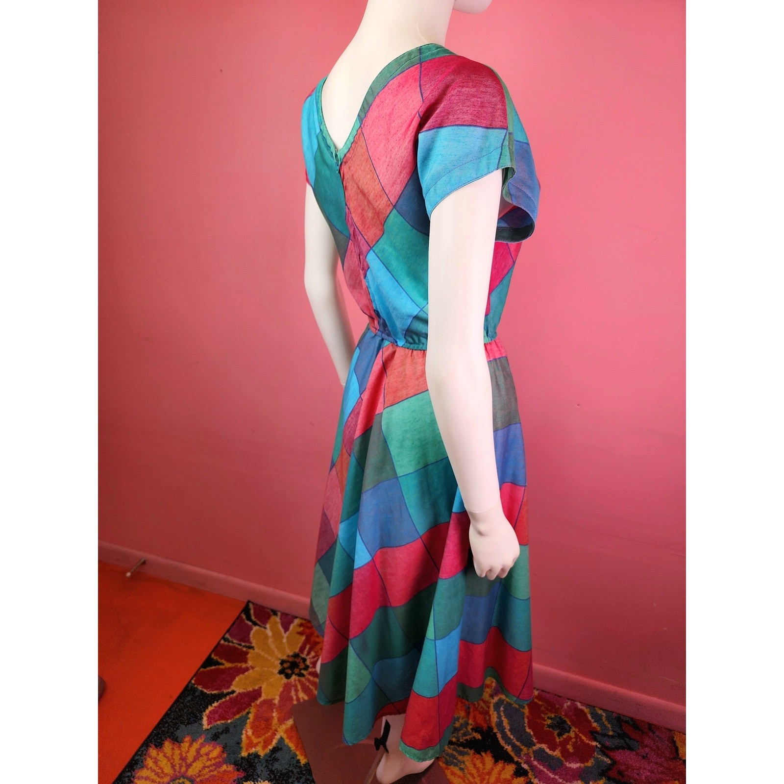 Vintage 1970’s Madras Harlequin Diamond Check Plaid Magenta Blue Shirt Dress