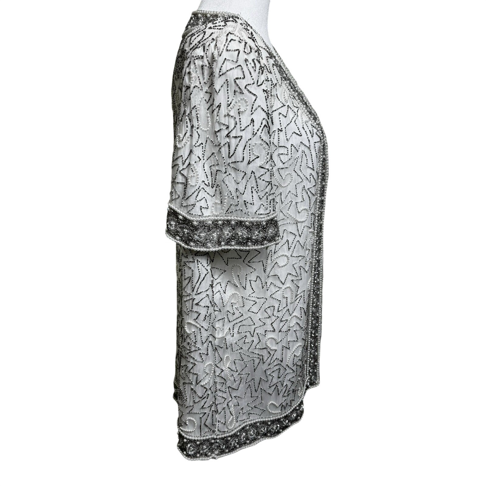 Laurence Kazar New York Vintage Beaded Pearl White Silk Evening Jacket Cardigan