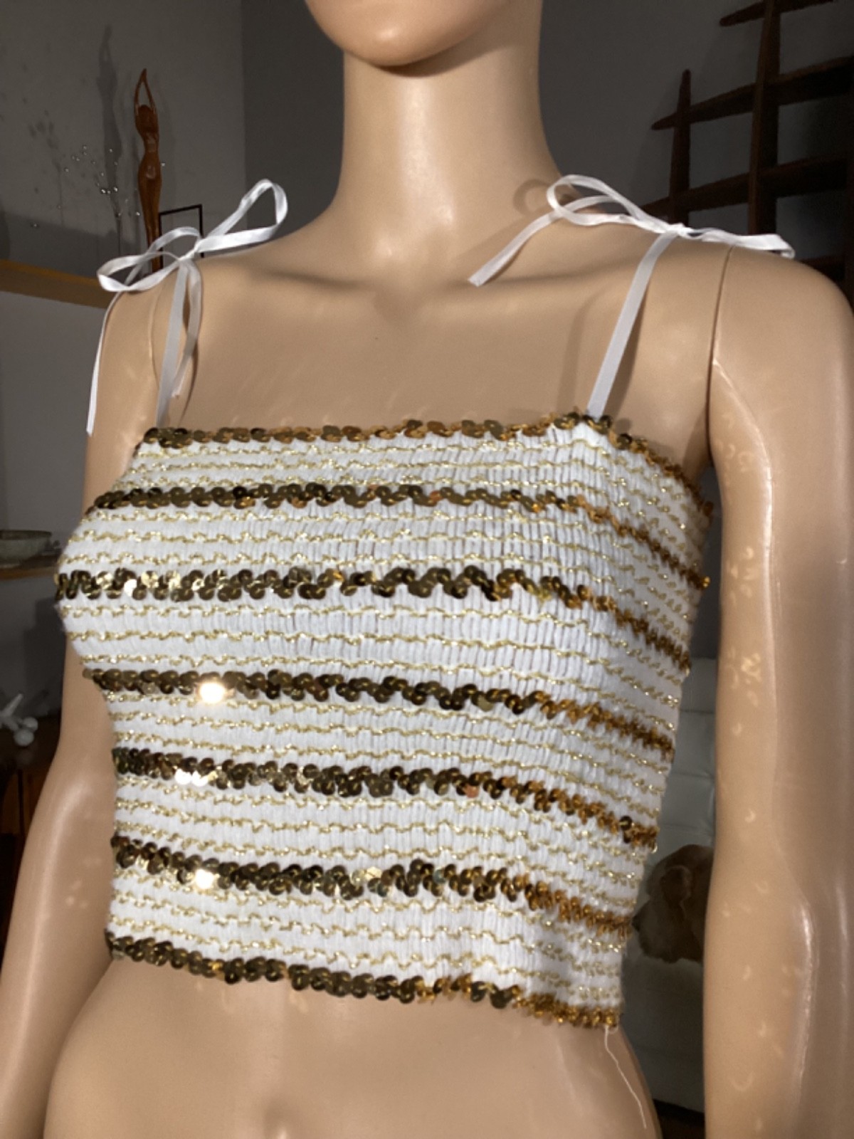 Vintage California Spice 80s 90s Metallic Gold Sequin Tube Top Women’s Size M