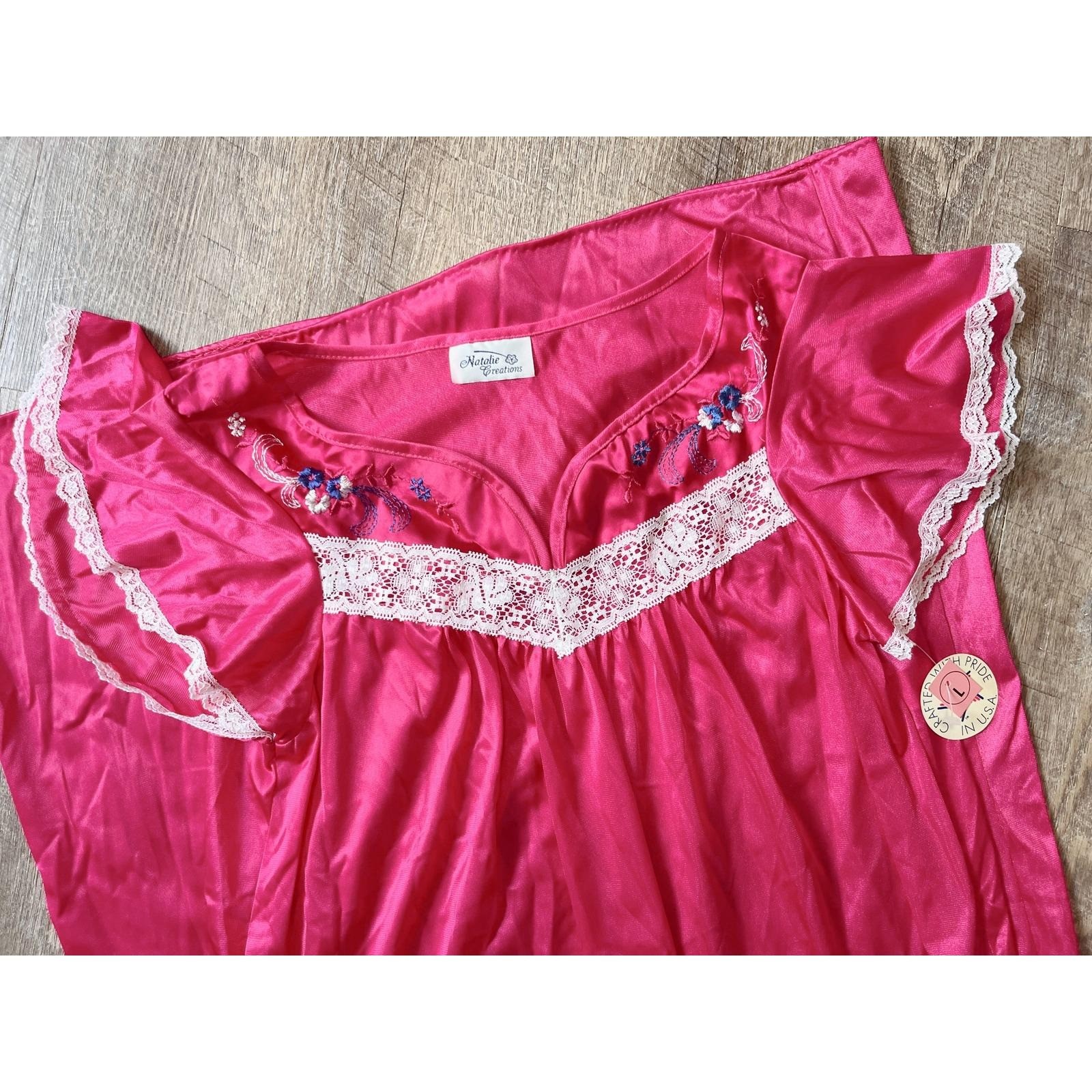 Natalie Creations Vintage Pink Satin Nightgown Lace Flutter Sleeve Maxi Large