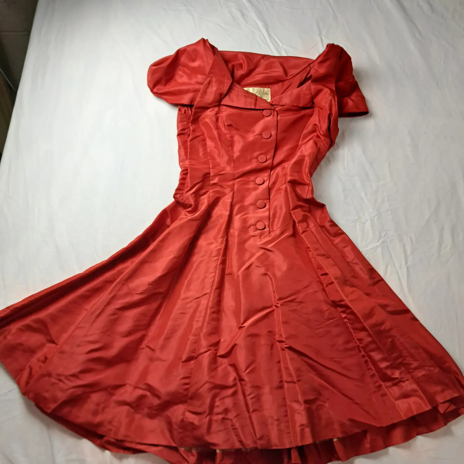 Crystal Room Vintage Red Satin Fit Flare Dress Full Skirt Double Breasted