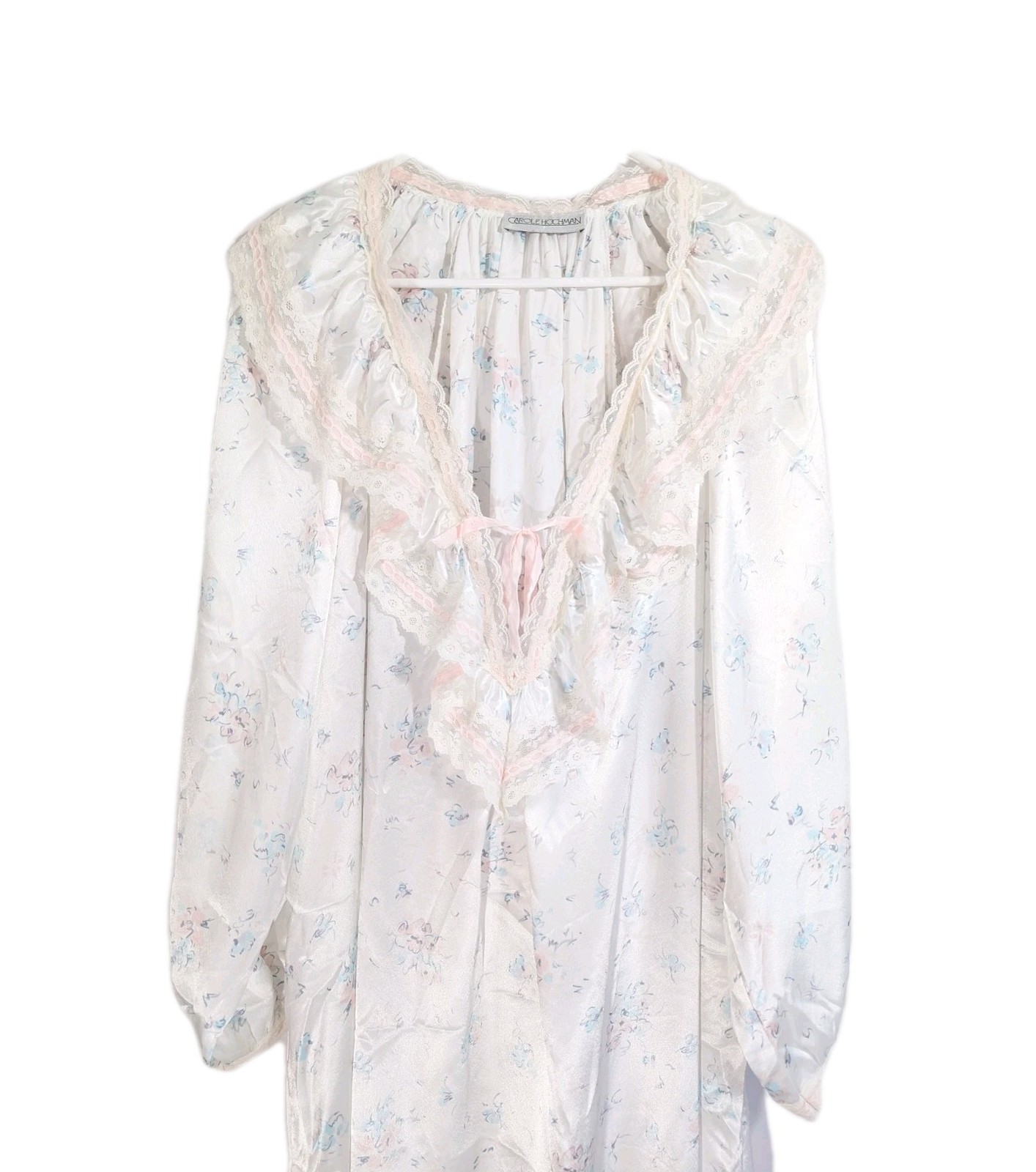 Vintage Silky Satin Women Nightgown Large Long Sleeve Frilly Ruffles lace Carole
