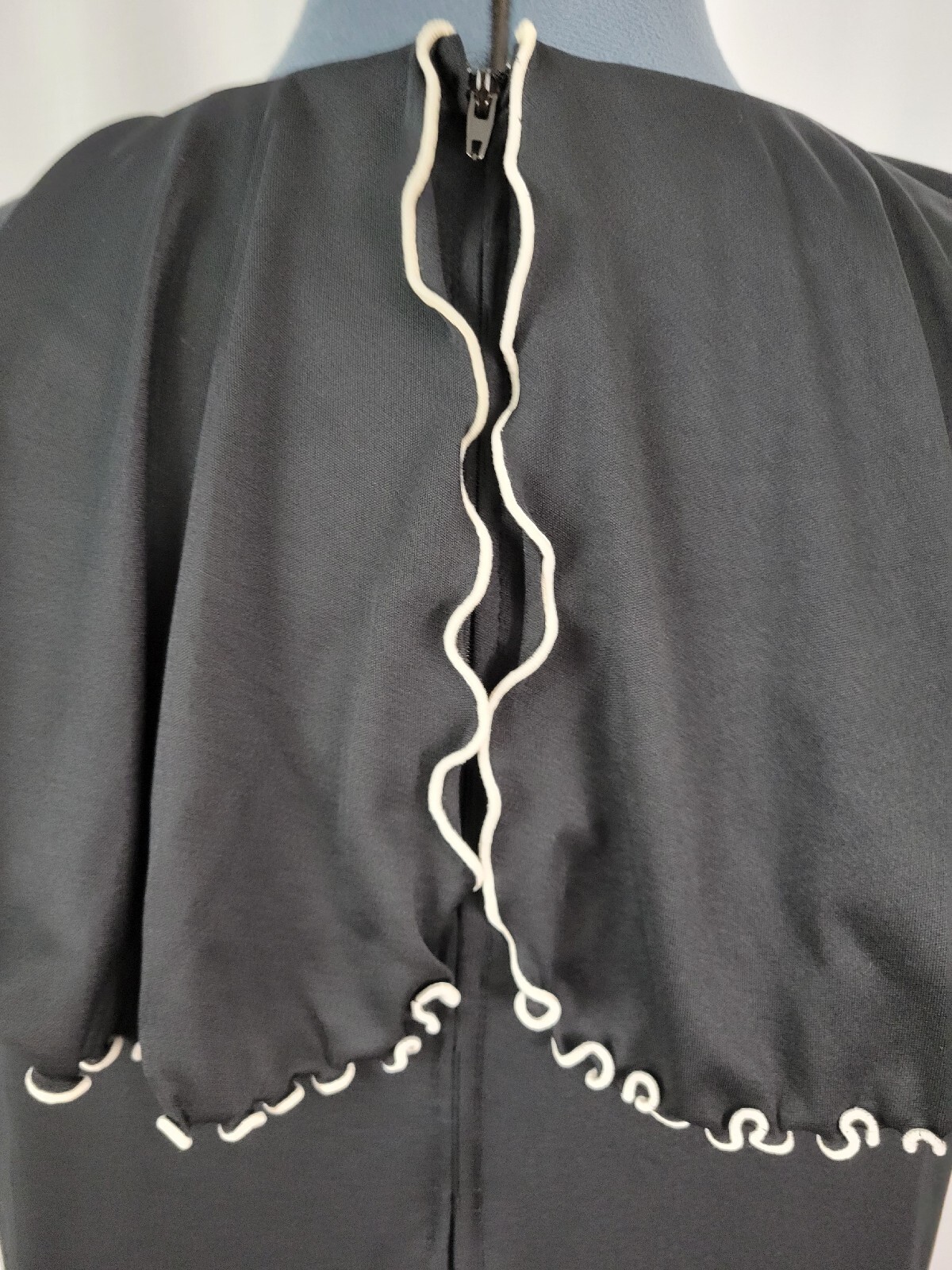 Vintage Black Dress w Shawl Collar Cream Piping Accent Size 14