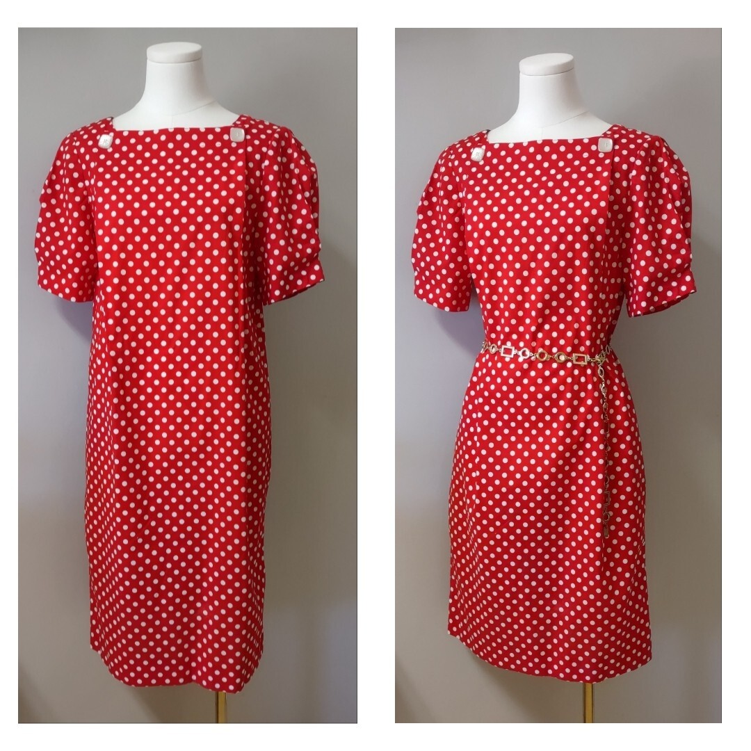Vintage David Warren Polka Dot Red White Puffy Split Sleeves Button Details S/M