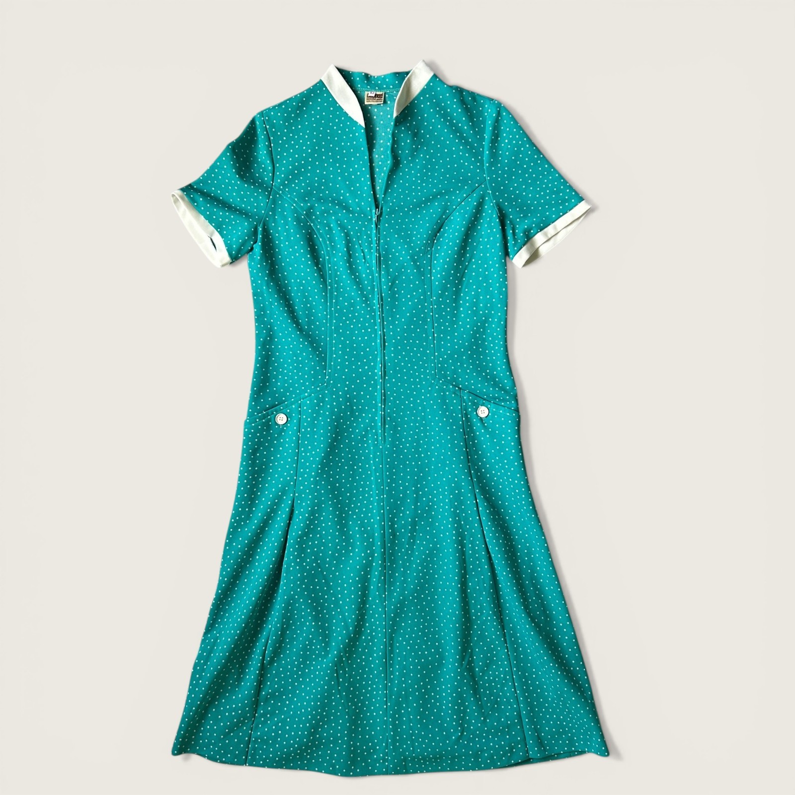 Vintage 1970s Diolen Teal Polka Dot Zip Front Dress Mod Midi Size 42