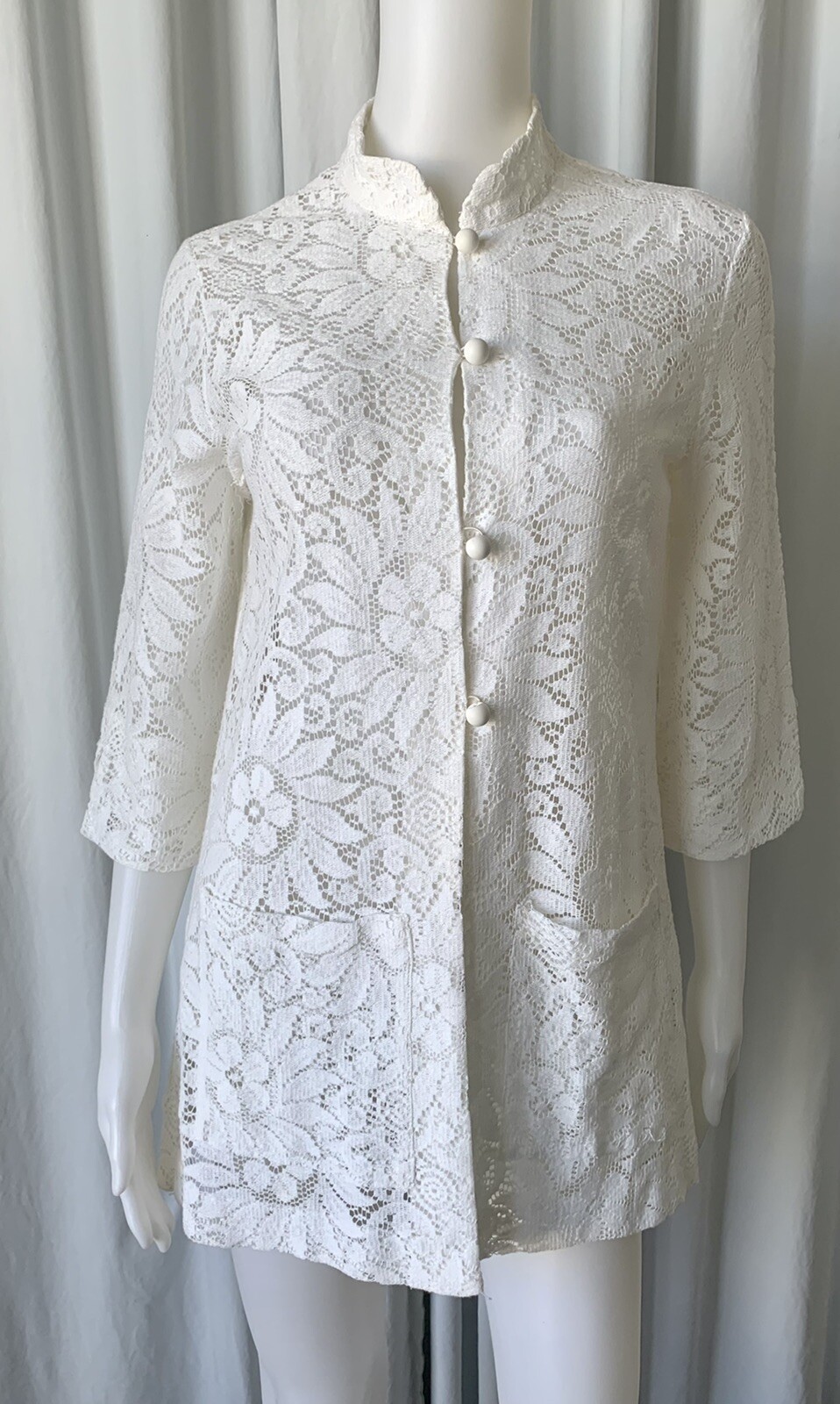 Vintage 70s Harbour Casuals LTD White lace Asian tunic L
