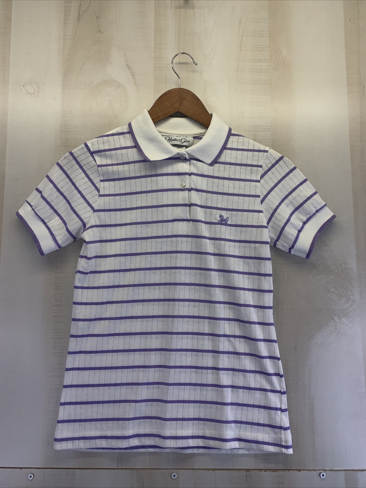 Vintage 1980-90s Hunters Glen Womens Purple White Polo Shirt Size S USA-6979