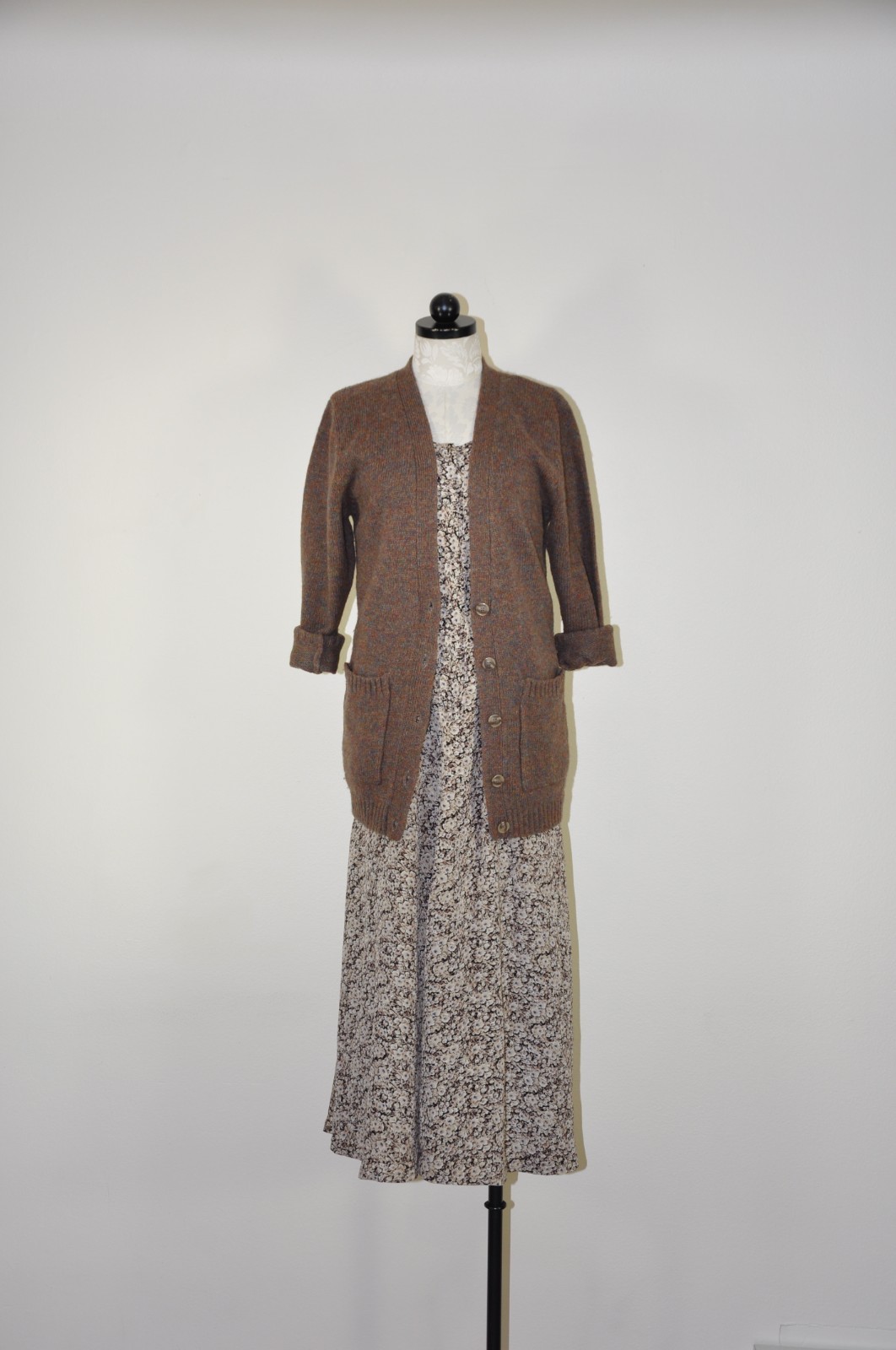 90s Vintage Brown Romantic Floral Long Sleeve Tie Back Grunge Dress Women S M