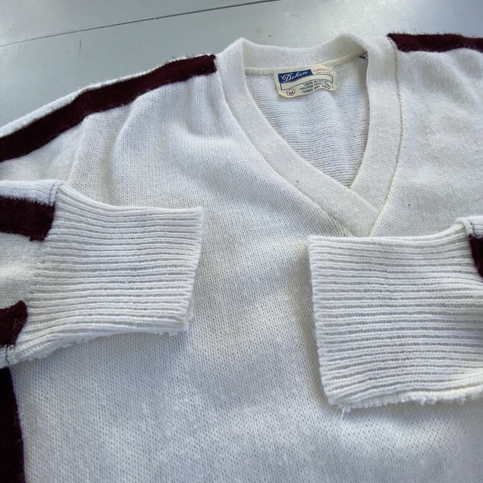 Vintage Ivory Cheer Sweater V-Neck Varsity Brown Stripe Acrylic USA Made Sz M