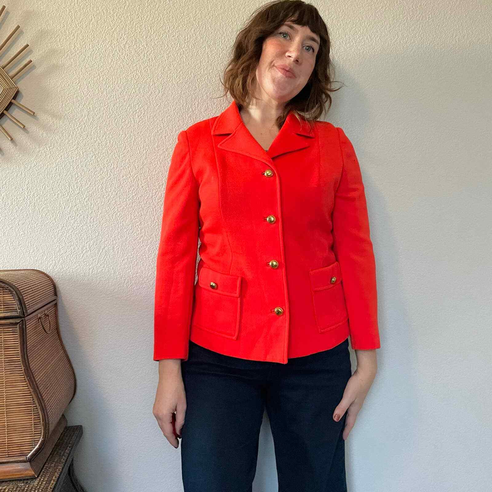 Vintage 60s 70s Butte Knit orange red poly wool blend blazer retro funky S-M