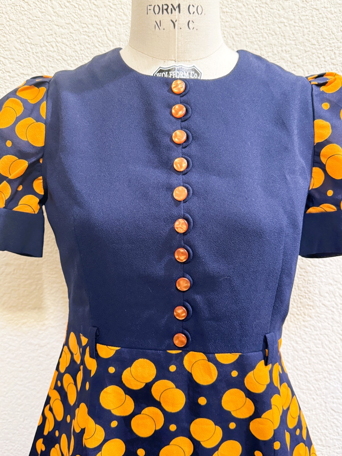 Vintage 1960s Puff Sleeve Navy Blue and Orange Micro Mini Dress Size Small S