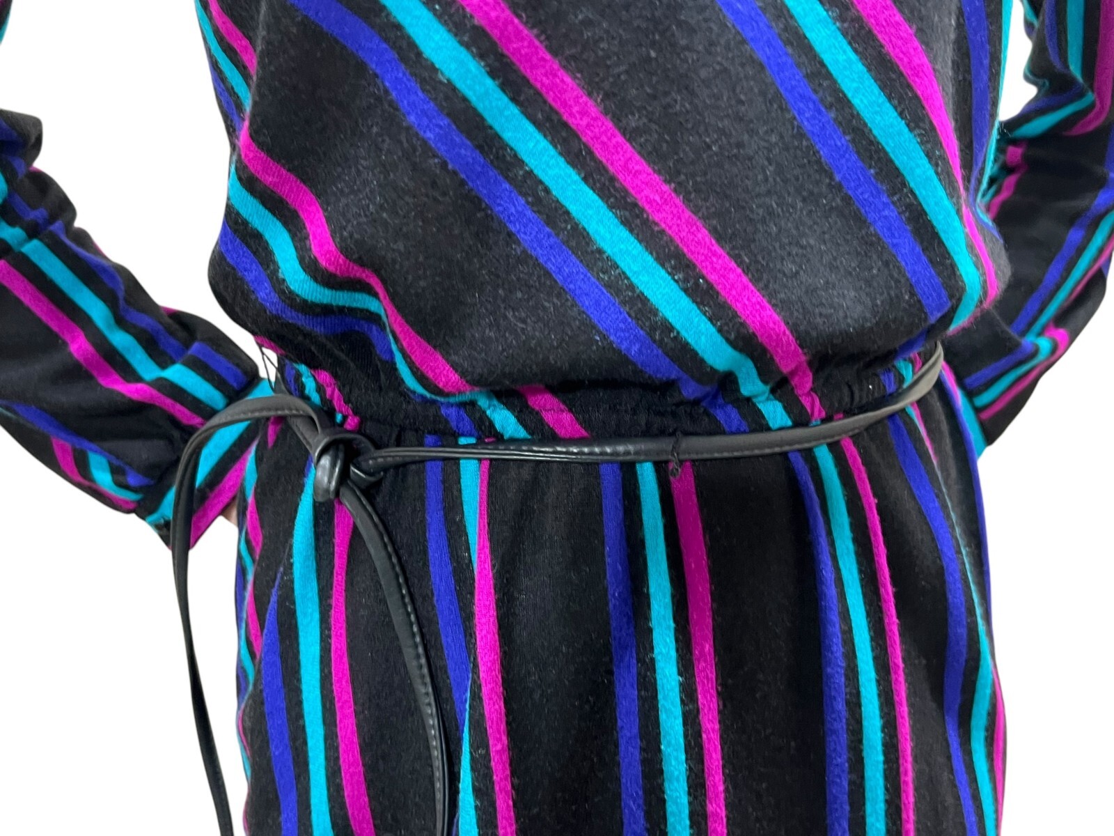 EUC Vtg 70s Sz S~M Dress Stripe Soft Knit Belt Sally Lou Boat neckline Puff Slv