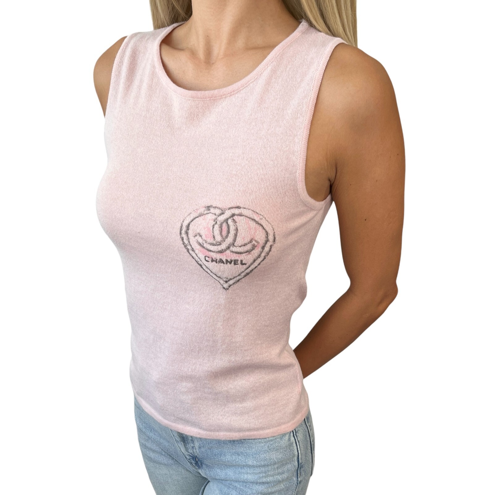 CHANEL Vintage 09C CC Mark Logo Heart Knit Tank Top #34 Pink Cashmere Rank AB+