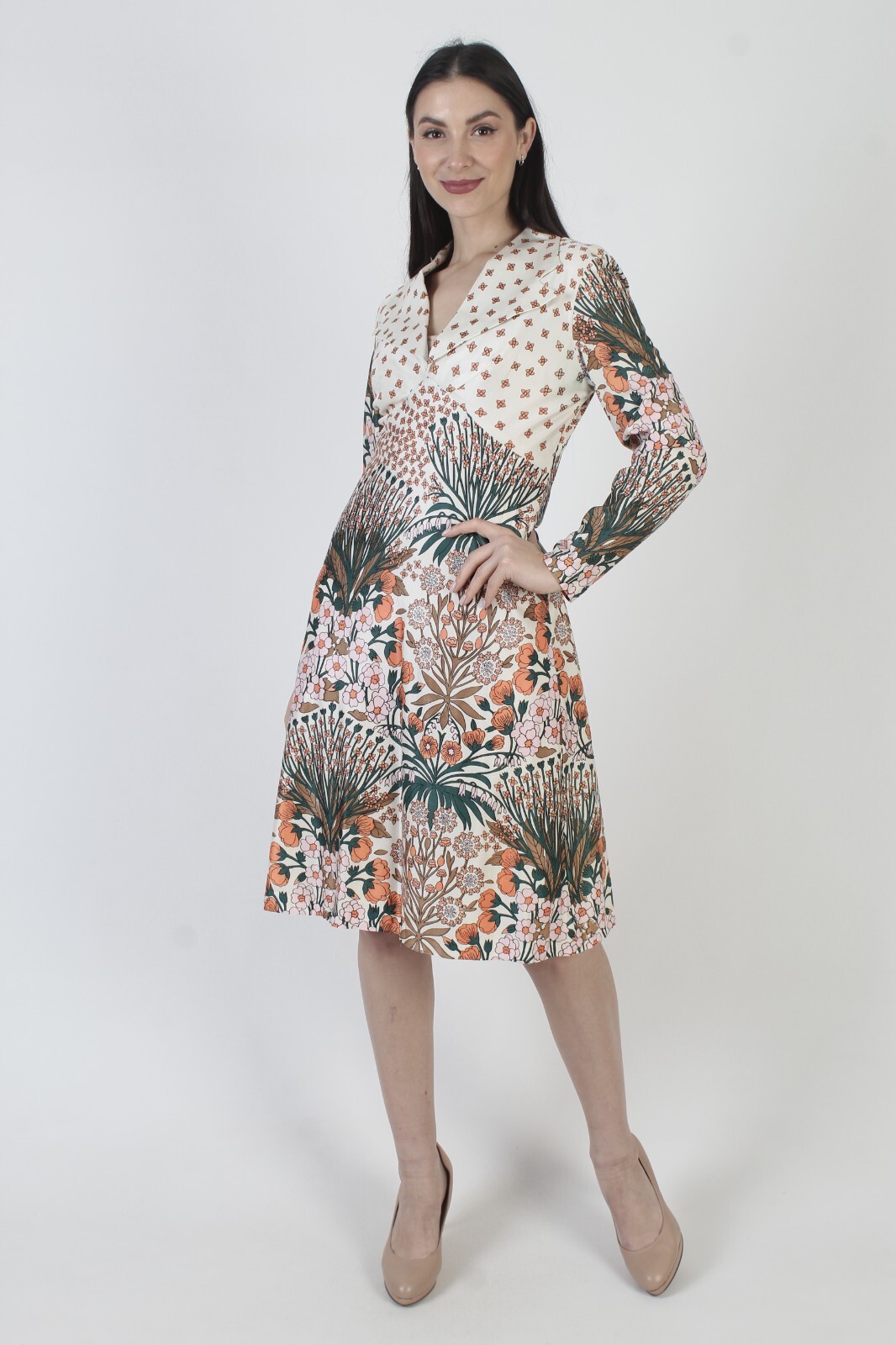 Vtg 60s Floral Print Dress Dagger Collar Nature Knee Length Cocktail Nature