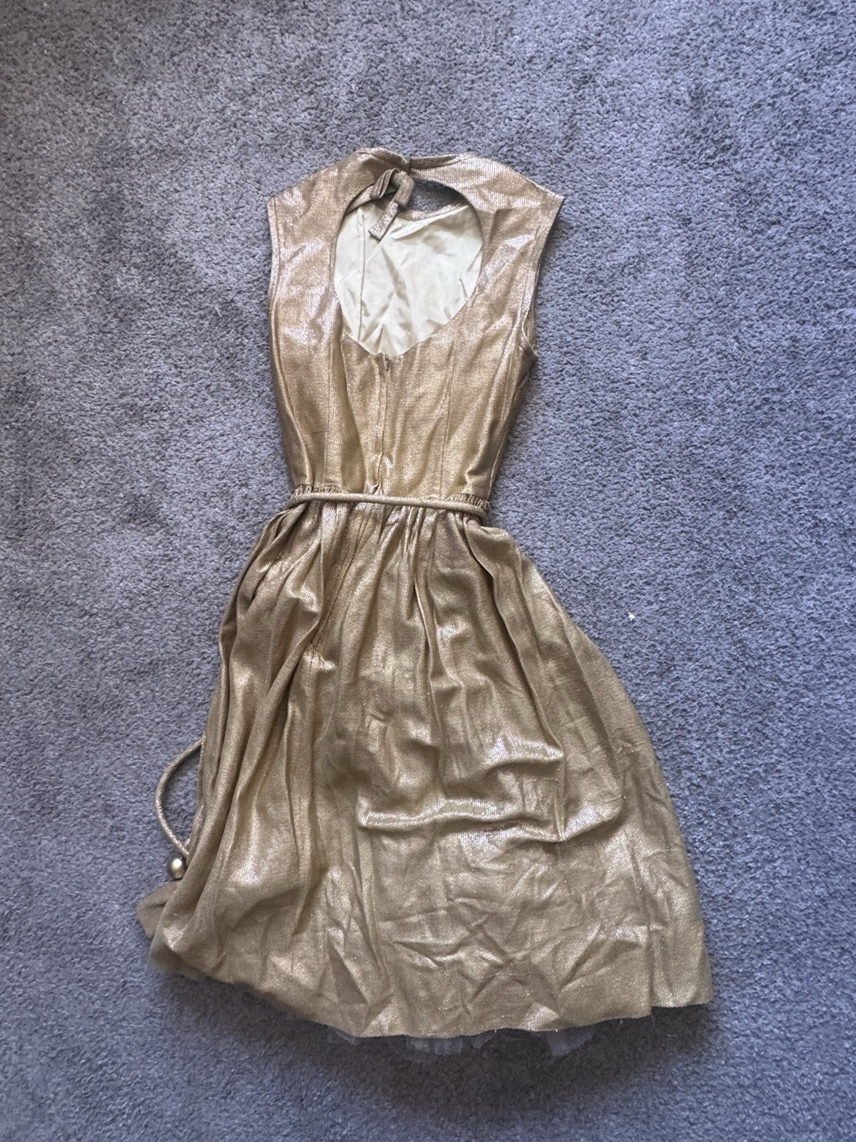 Vintage 1960s Metallic Gold Lurex Cocktail Party Dress – Cut-Out Bow Back S/M
