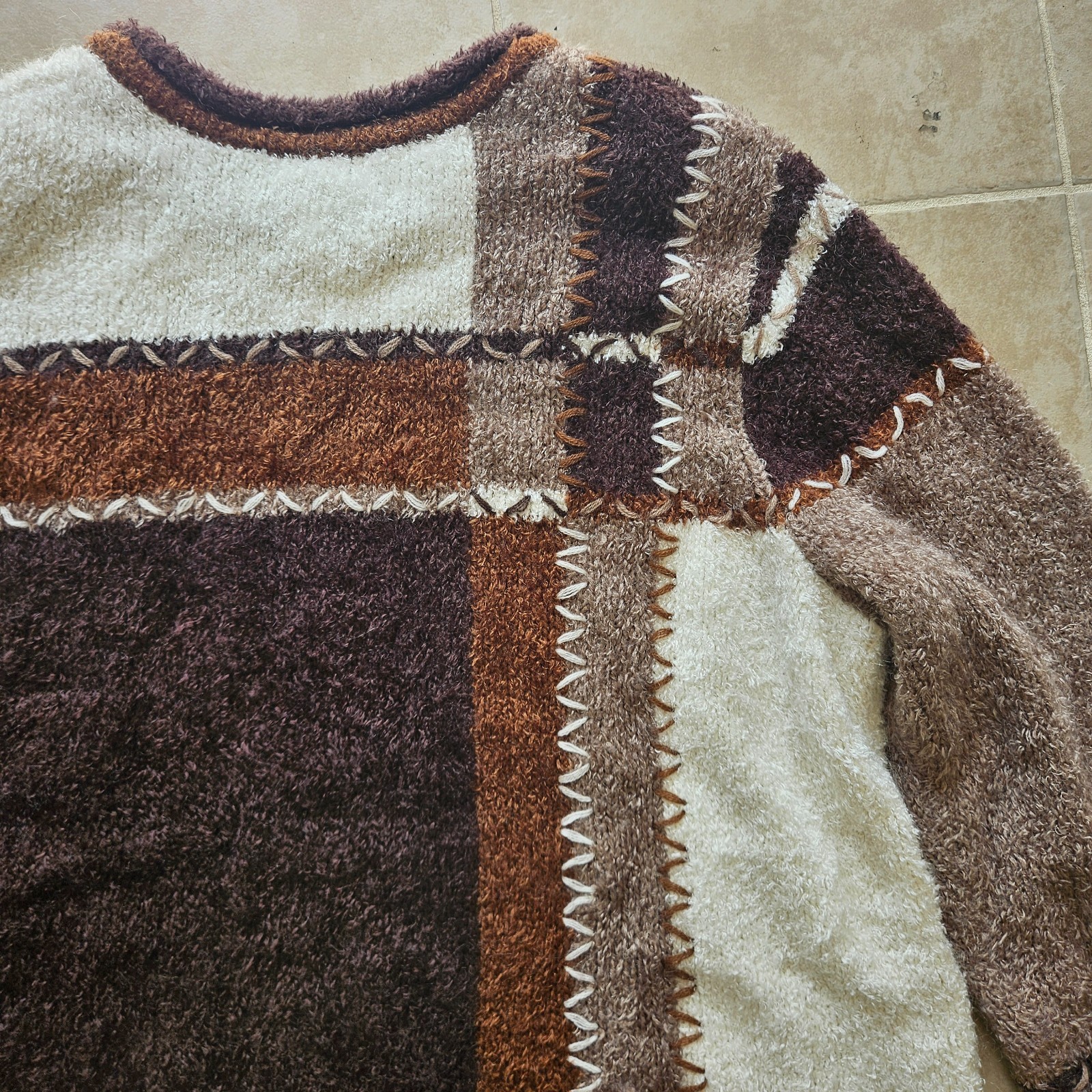 Vintage CJ Banks Sweater Womens 3X Brown White Tan Mohair Blend Fuzzy Pullover
