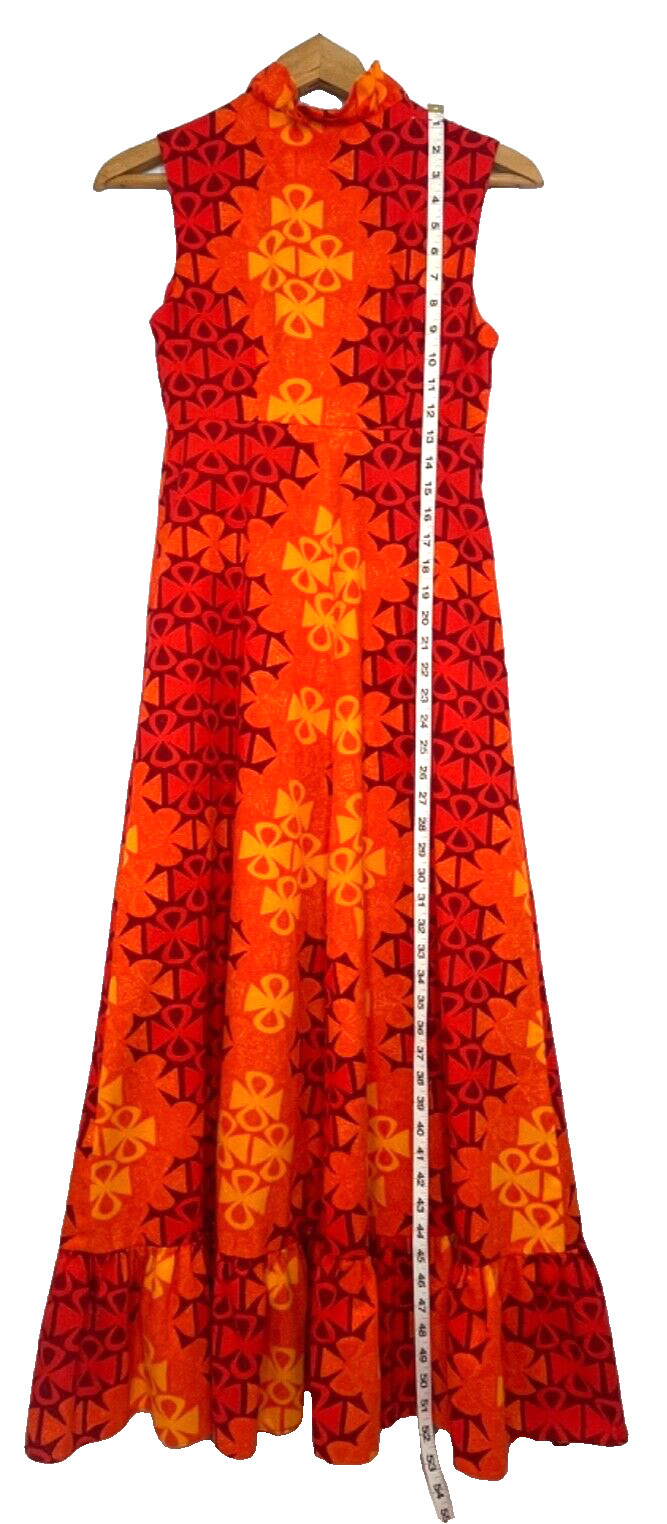 Vtg Retro Mod Hawaiian Tiki Dress Bright Orange Yellow Red Dael’s Honolulu Sz. S