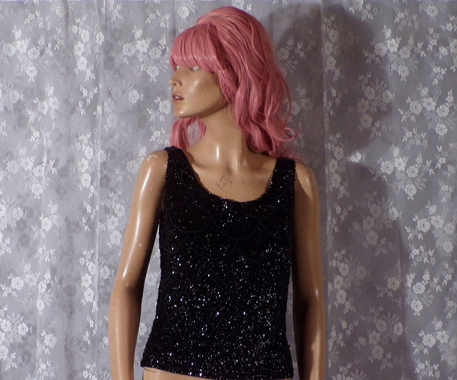 Vintage 60s Black Sequin Top Size Medium 1960s Fancy Evening Cocktail Glam Retro