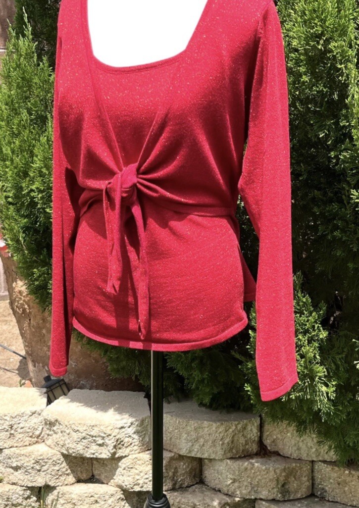 Blouse Red Size:XL Vintage Shimmery Pull Over Tie Front By NY Collection