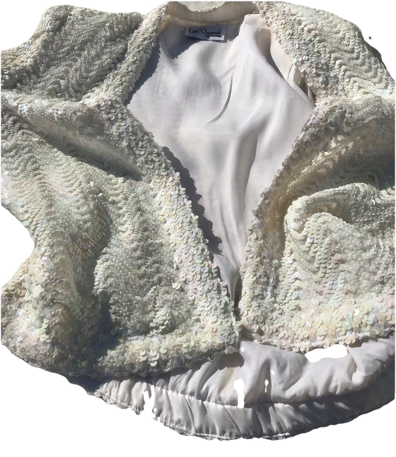 Vtg 70s 80s Lilly Diamond Calif Sequin Iridescent White Jacket S M Cardigan Coat