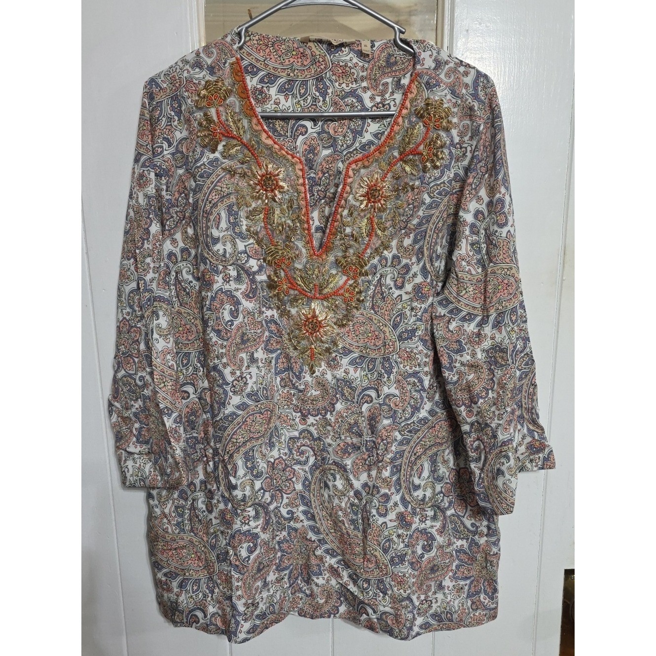 Soft Surroundings Women’s Paisley Embroidered V-Neck Tunic Beaded Gold Sz XL EUC