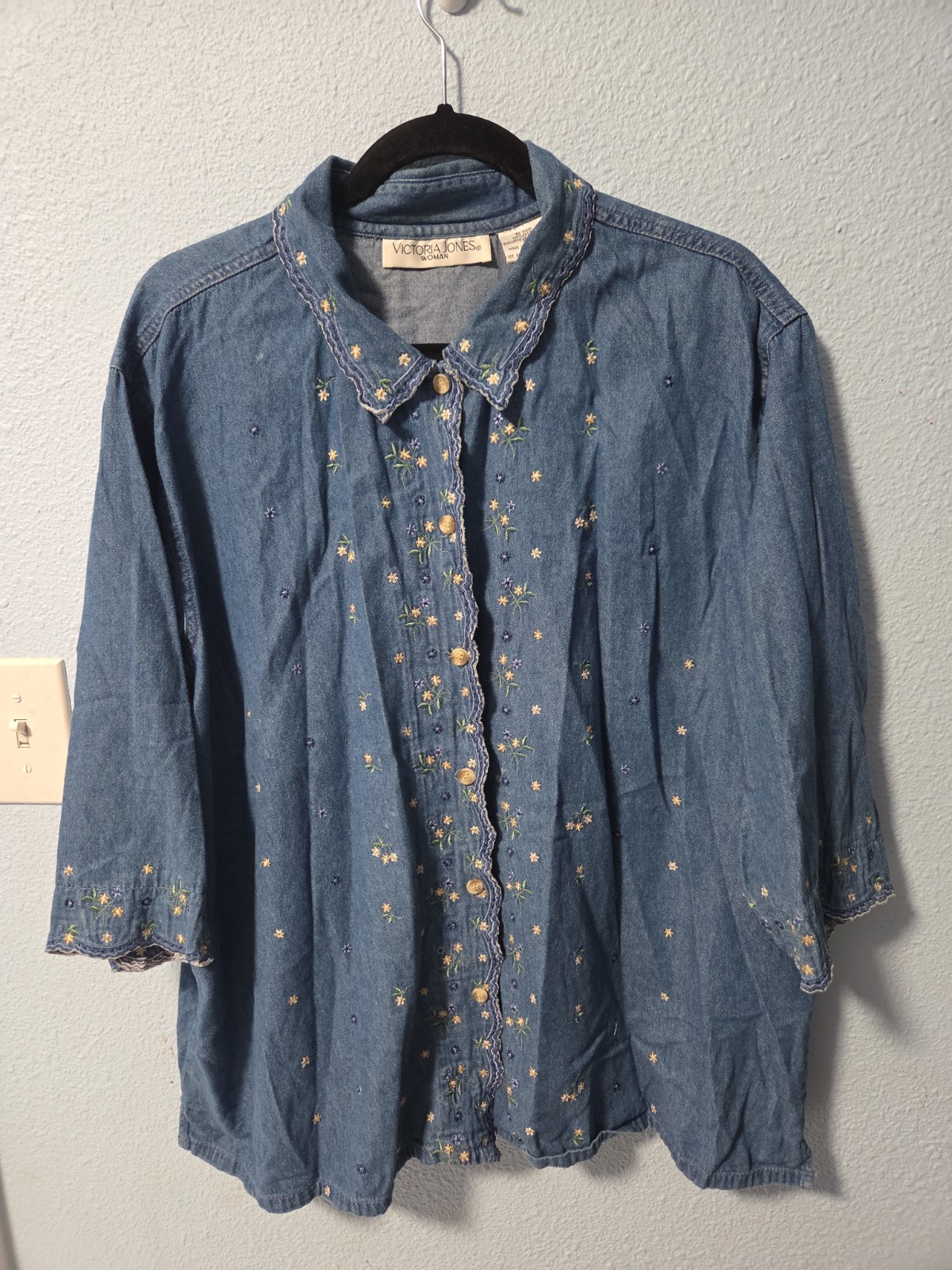 Vintage Victoria Jones Woman 3X Denim Shirt Floral Floral Embroidery 3/4 Sleeve