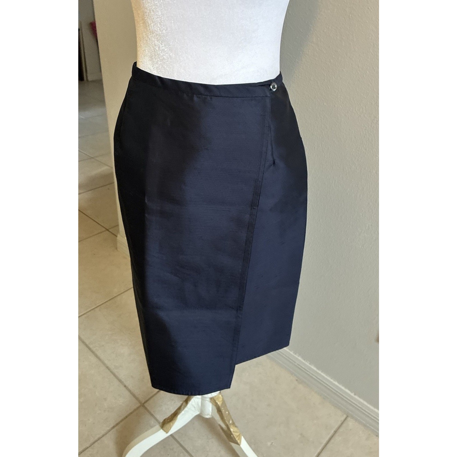 Vtg 90s Ralph Lauren Navy 100% Silk Dupioni Wrap Skirt USA UNITE Slubbed Silk 6