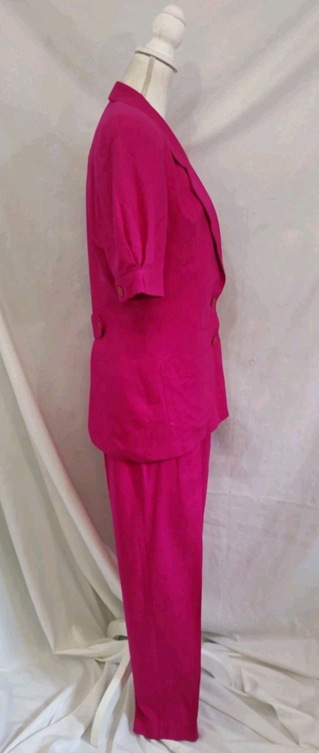 80’s Vintage 100% Silk Pants Suit SK & Company Hot Pink Short Sleeve Sz 10
