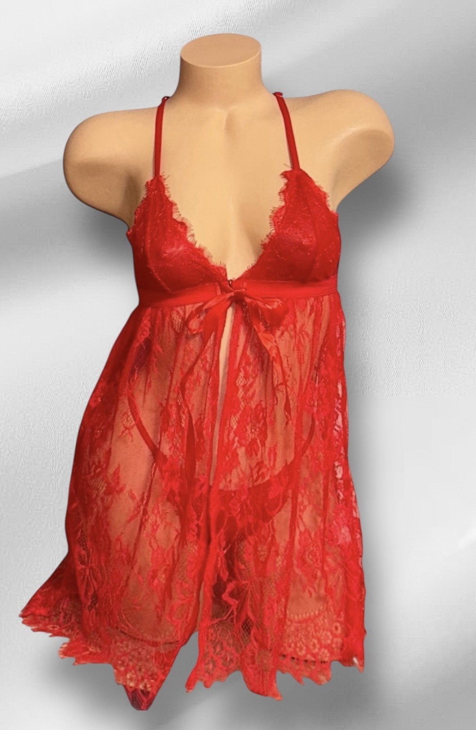 2PC AVIDLOVE Red Shiny Sheer Lace Peek A Boo Front Closure Nightie & Panties S
