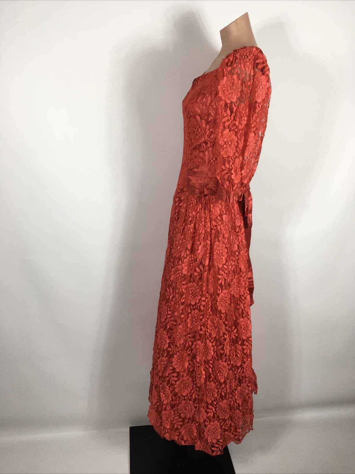 VTG 80s Prom Red LACE PUFFY BUBBLE SLEEVE Party Formal Bows Evening Dress Gown S