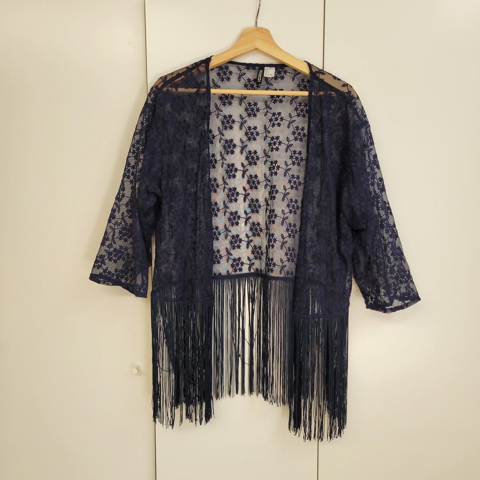 Boho Country Western Fringe Lace Cardigan, Women L, Dark Navy Blue, 3/4 Sleeve