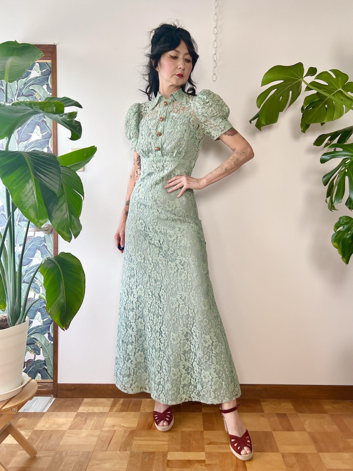 1930s Seafoam Green Floral Sheer Lace Puff Sleeves Gown Dress XS/S Old Hollywood
