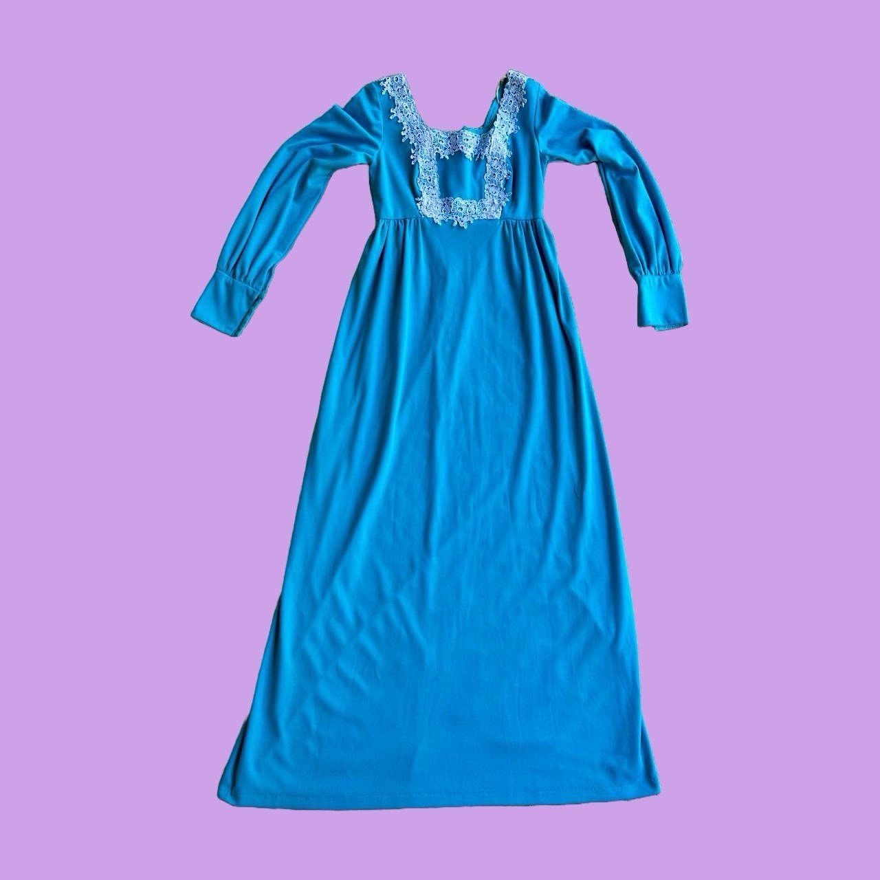 60s/70s bright blue maxi with white lace trim