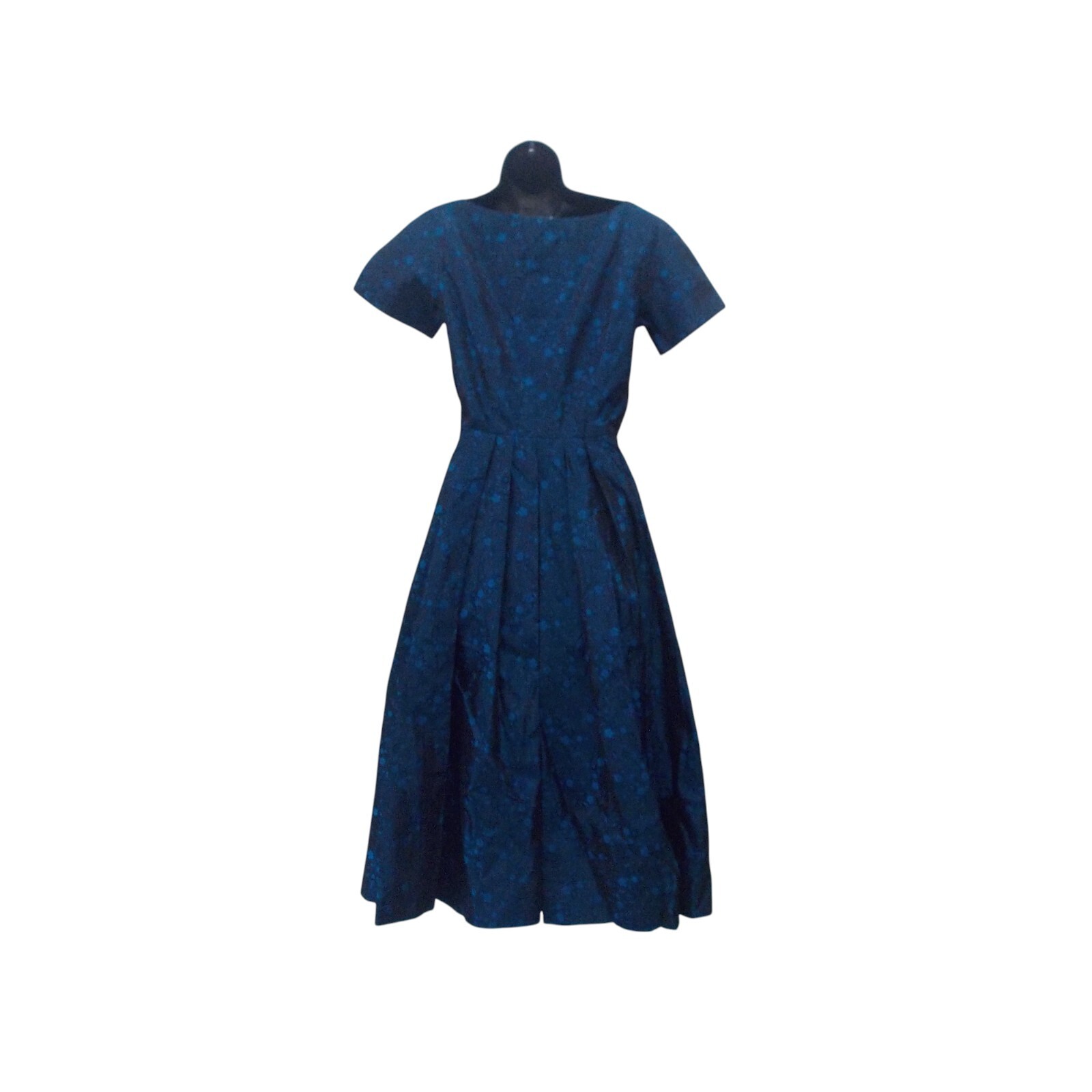 VTG Sapphire Blue Tone on Tone Flower Print Taffeta Midi Party Dress XS S