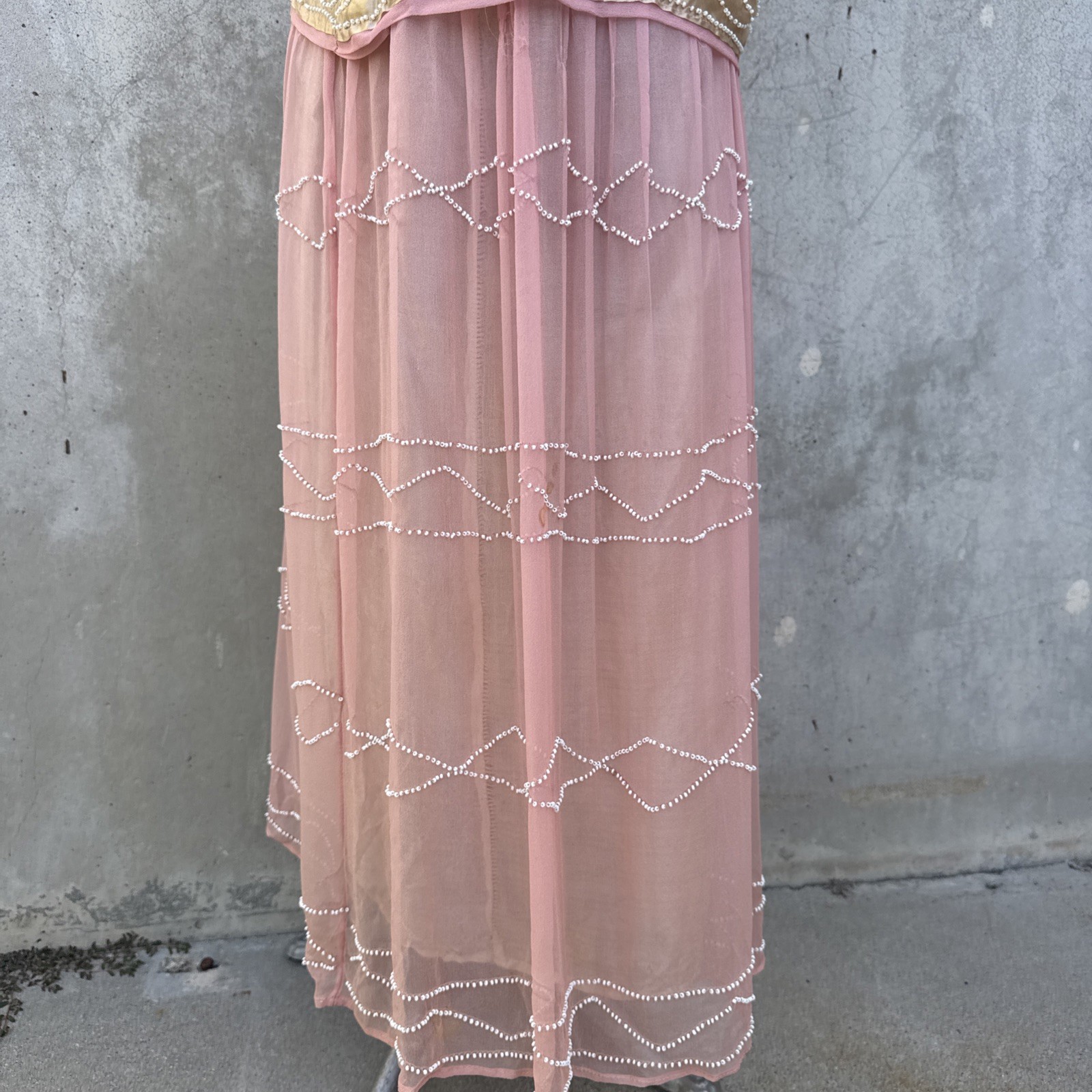 Antique 1920s Pink Silk Chiffon Dress Beaded Waves Oppenheim Collins Vintage