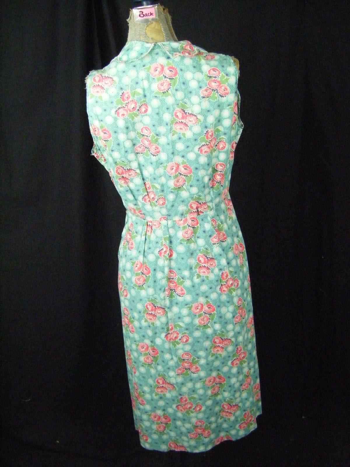 Vtg 50s Handmade Blue Pink Floral Cotton House Dress-Bust 43/M