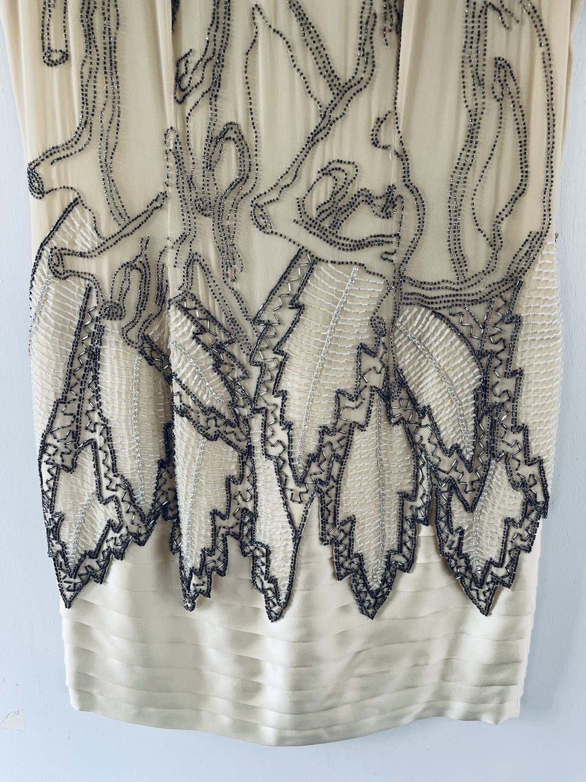 Vintage Fabrice Simon 1980s Beaded Handmade Silk Dress w/ Leaf Motif Over Skirt