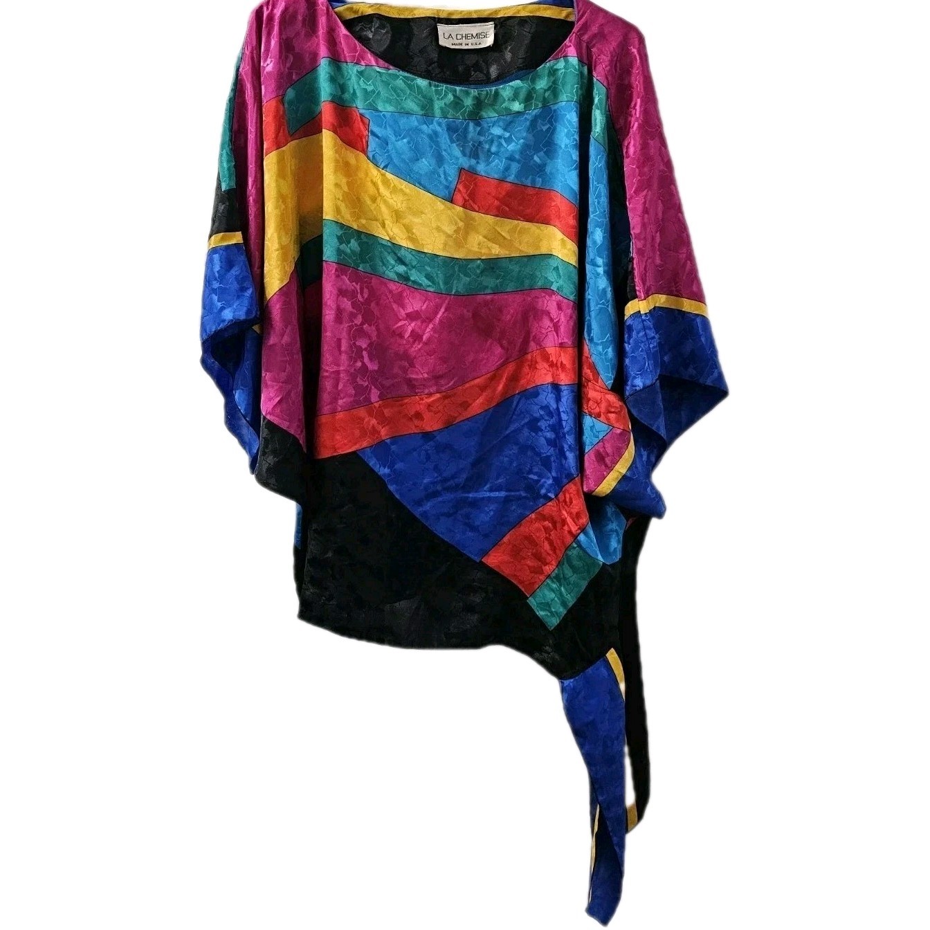 La Chemise Faux Silk Women Shall Poncho Asymmetric Side Tie 1990s Multicolor Vtg