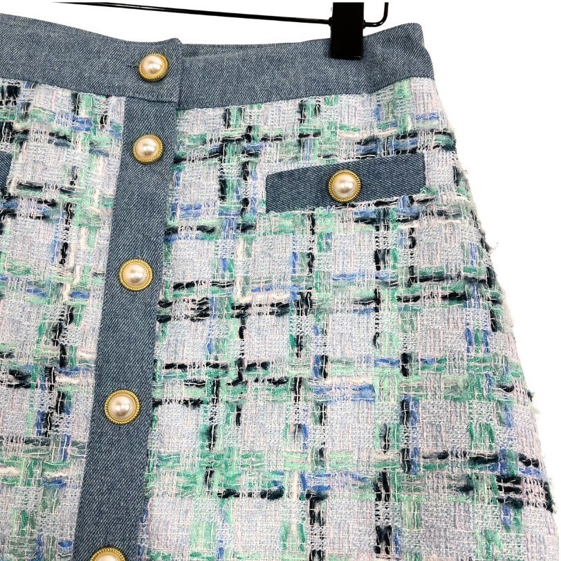 NWT Nanette Lepore Tweed A-Line Mini Skirt Blue Multi Pearl Button Sz 2 Parisian