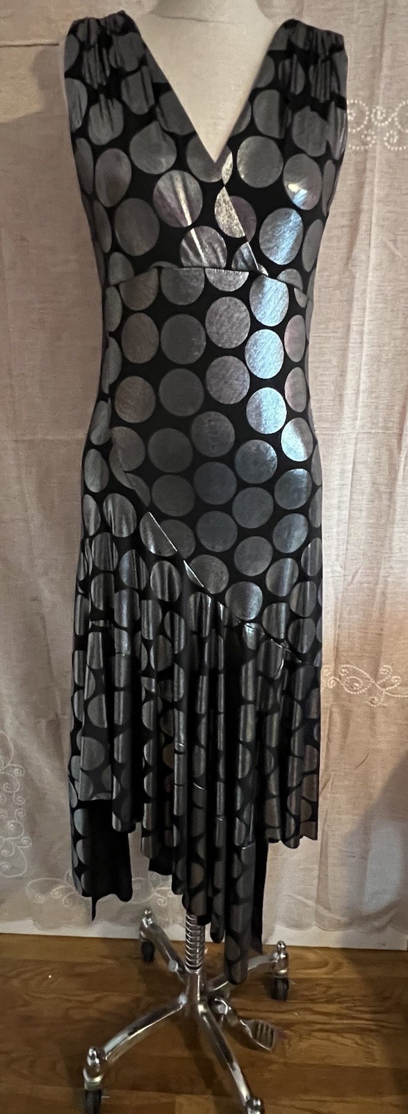 Vtg Joseph Ribkoff Tiered Black Metallic Polka Dot NYE Holiday Party Dress 8