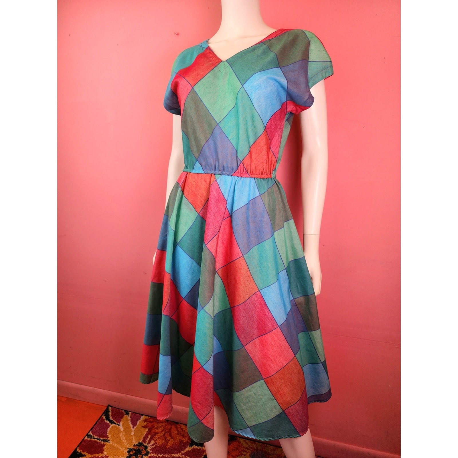 Vintage 1970’s Madras Harlequin Diamond Check Plaid Magenta Blue Shirt Dress