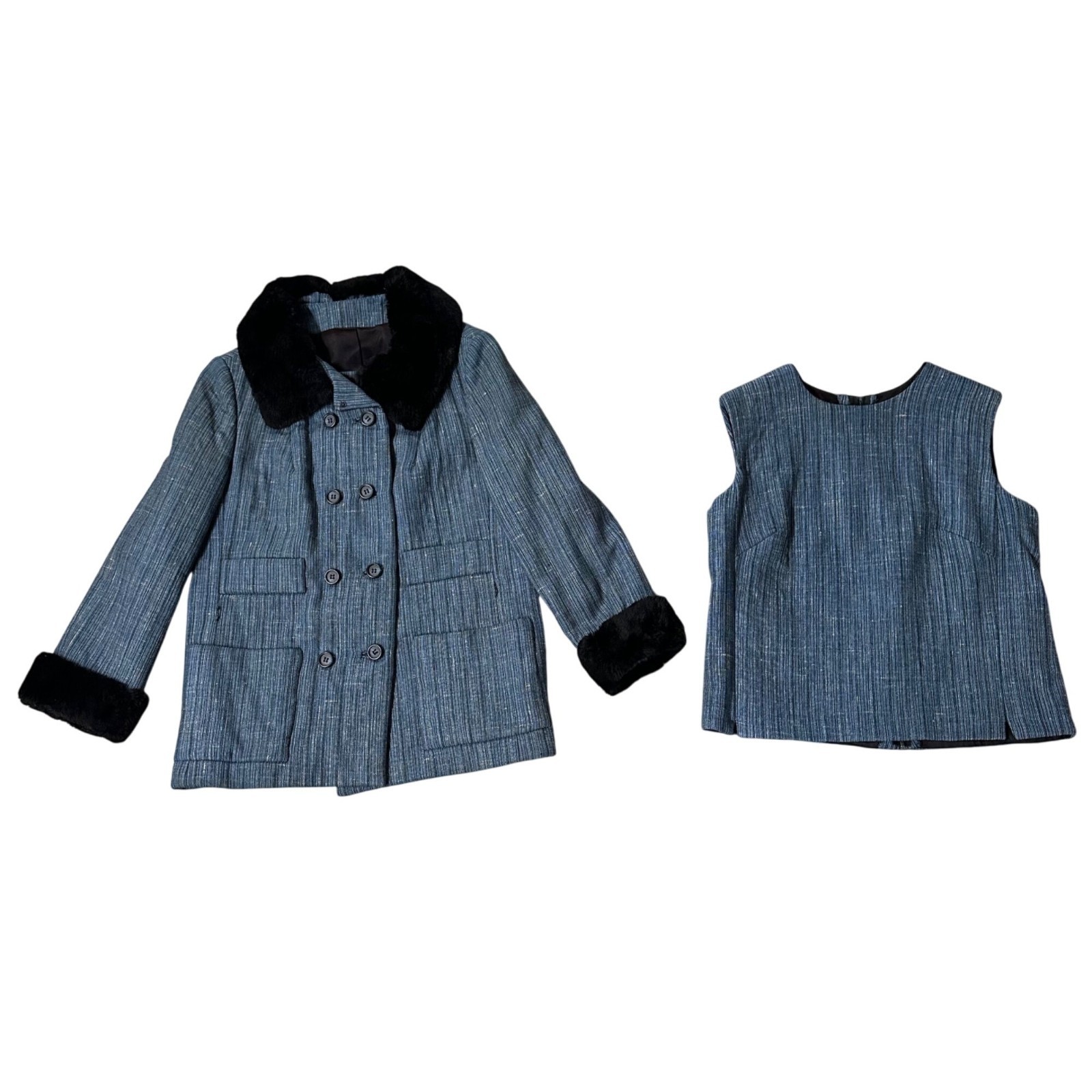 Vintage Womens Jacket Top Set Size 14 Blue Striped Fabric Faux Fur Lined Winter