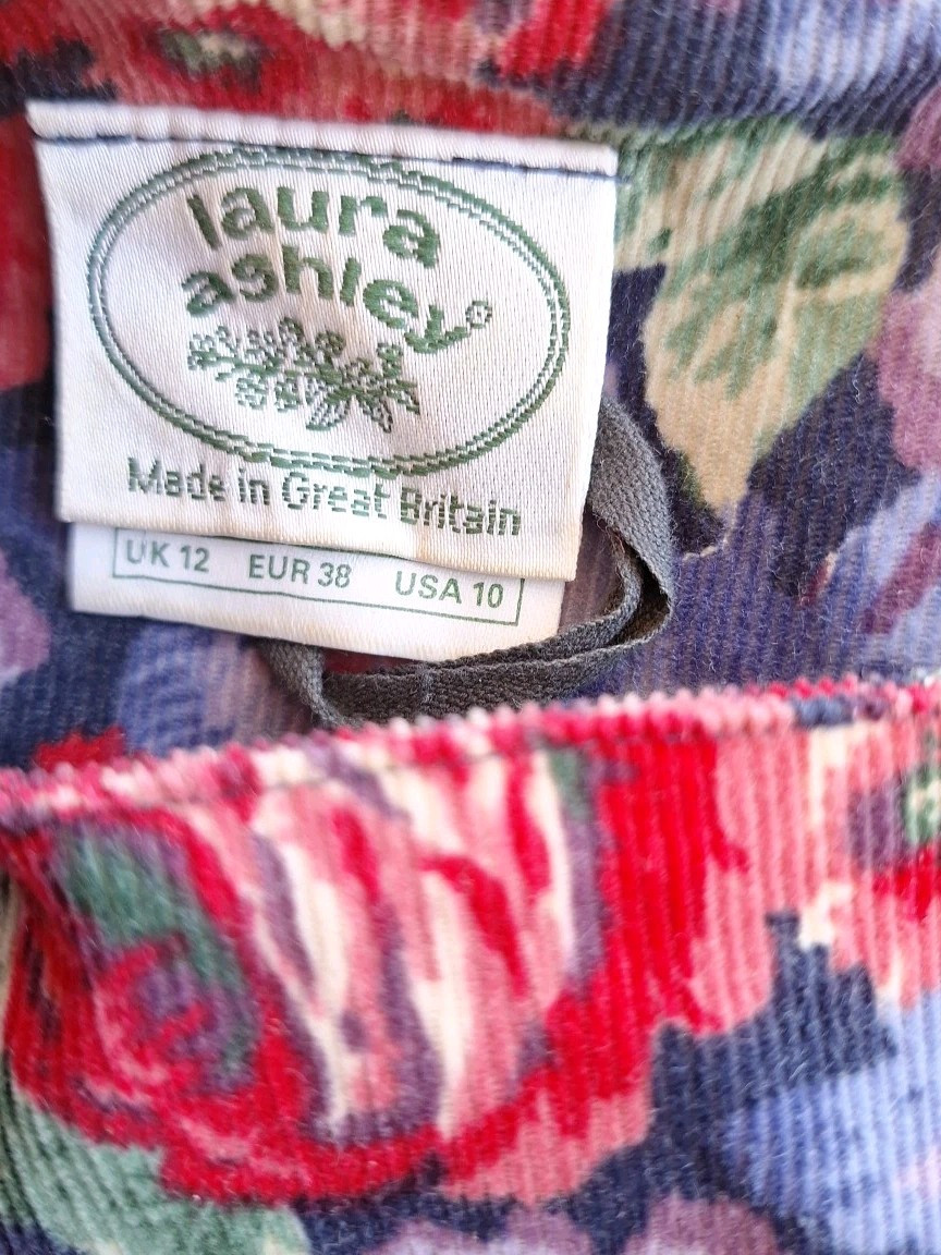 VTG 1990s Laura Ashley Blue Red Purple Floral Puff Sleeve Corduroy Dress 10
