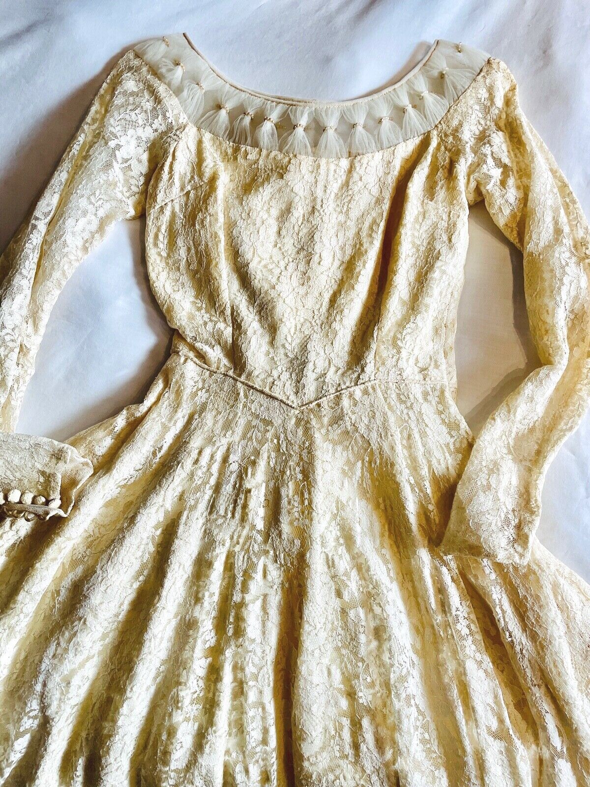 VTG 50’S OFF WHITE LACE&TULLE PEARLS NEW LOOK CIRCLE SKIRT WEDDING DRESS *XXS/XS