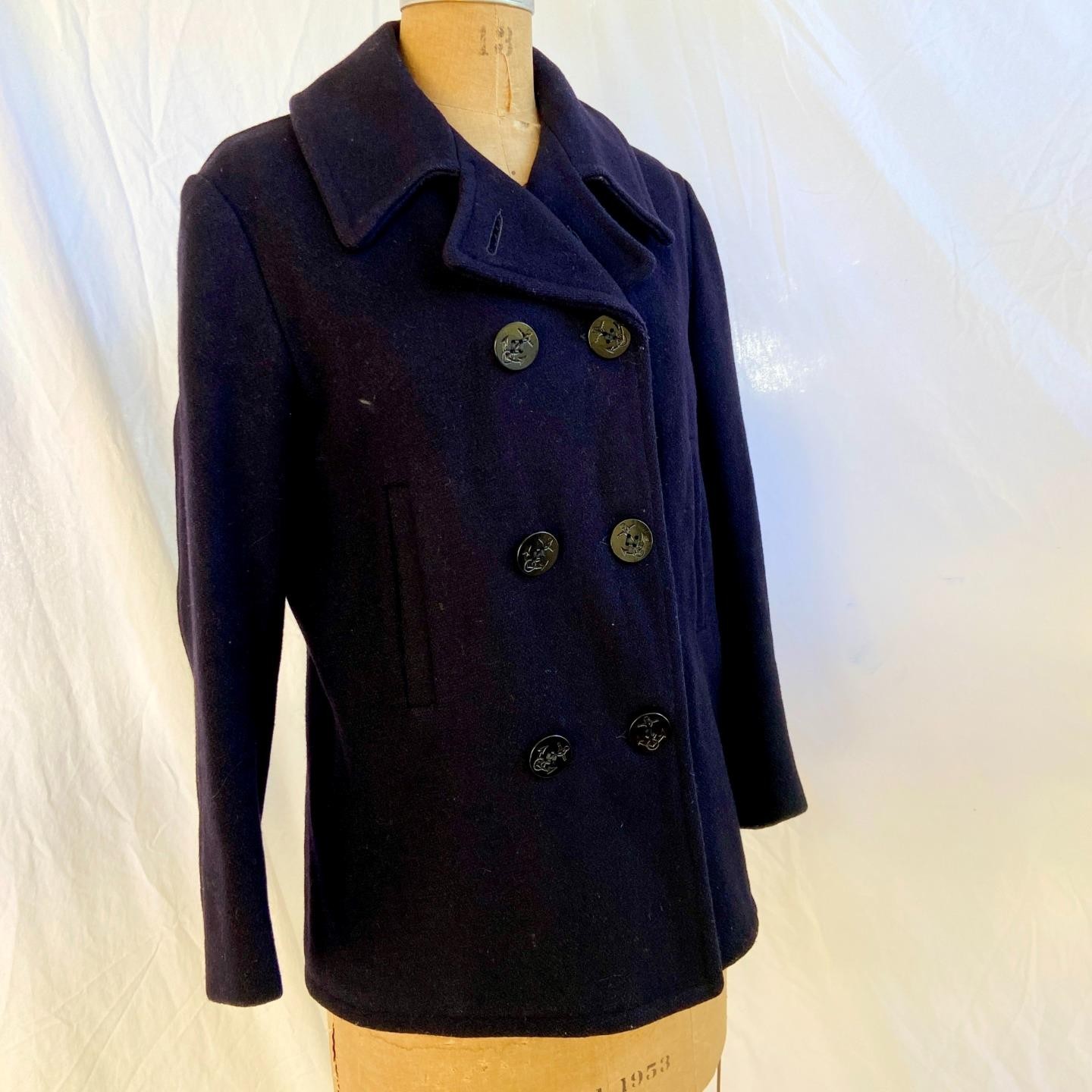 vtg 50s 60s RICHARDS AUTHENTIC Navy Blue Wool Pea Coat Jacket Anchor Buttons 16