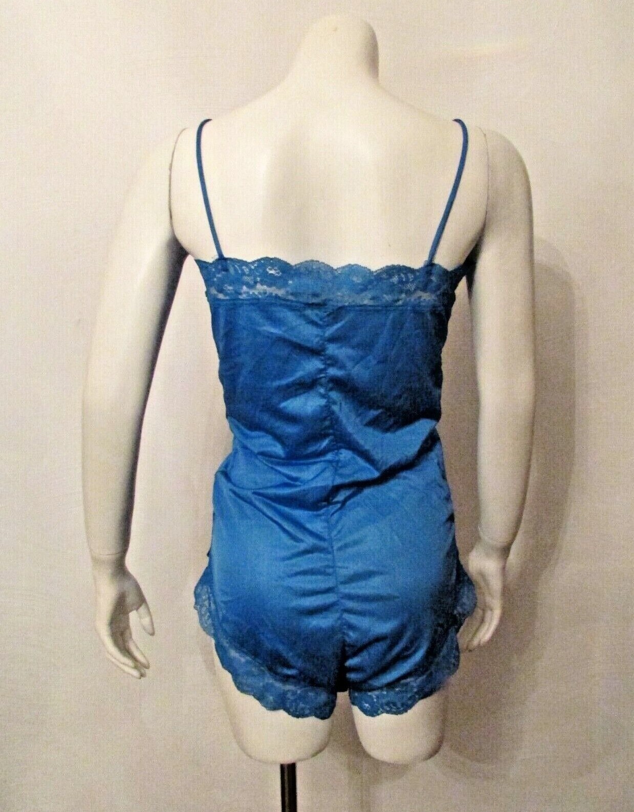 60’s Elissia Silky Nylon Lace Trim High Leg One Piece Teddy Bodysuit M USA made