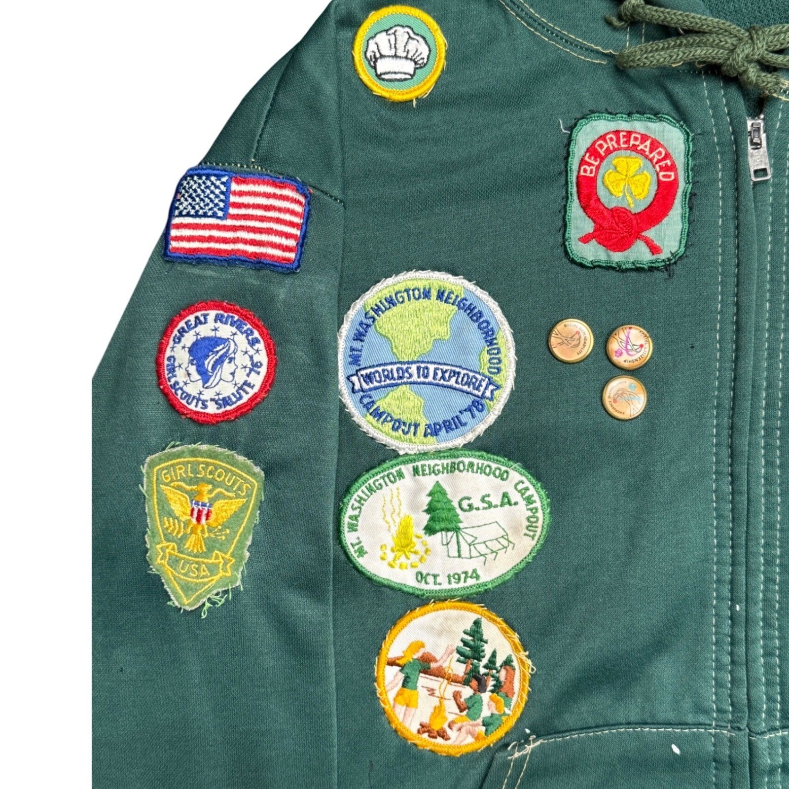 Vintage 1970s Girl Scouts Patch Zip Hoodie Green Rare Collector 50+ Patches